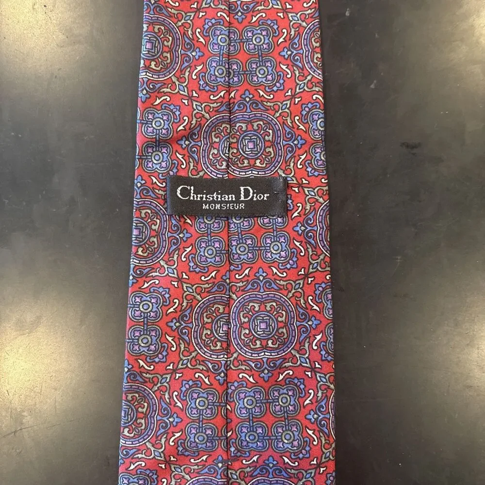 Vintage Christian Dior Silk Tie Necktie Red Geometric 4